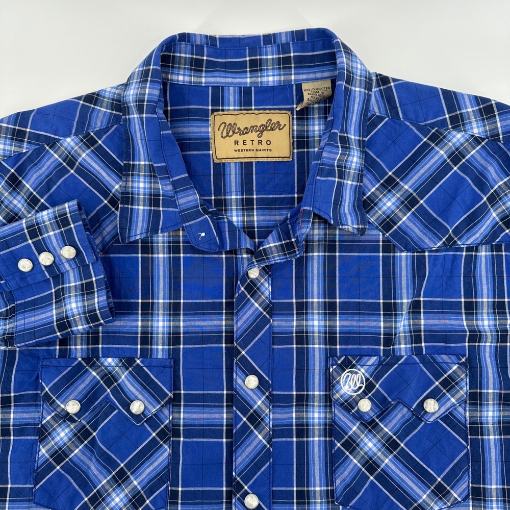 Wrangler Retro Mens XXL Blue Plaid Western Long Sleeve Pearl Snap Shirt MVR507B